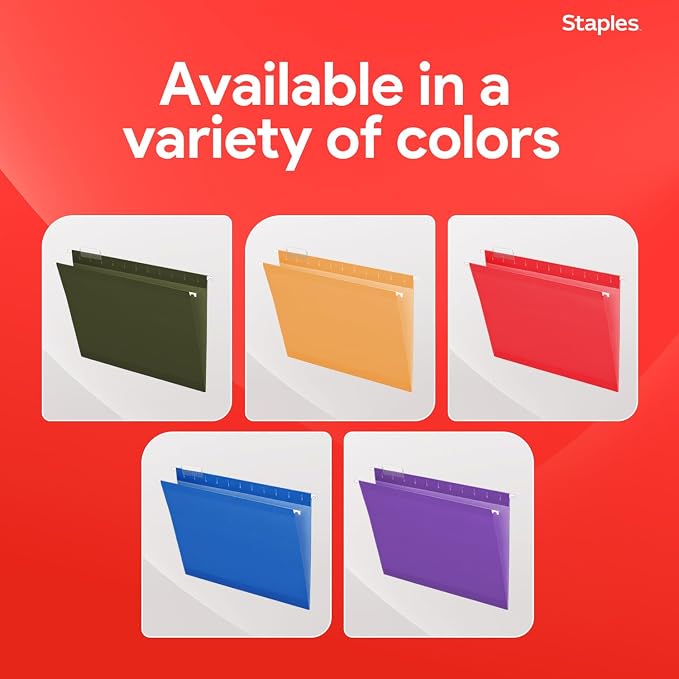 Staples Reinforced Hanging File Folders, Letter Size, 3" Expansion, Wide‑Capacity Box‑Bottom Design, Standard Green – 25/Pack