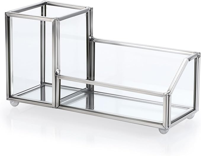 Hipiwe Glass Business Card Holder Metal Pen Pencil Storage Holder for Desk Clear Business Card Display Organizer Case for Office Home,2 Slots,Silver