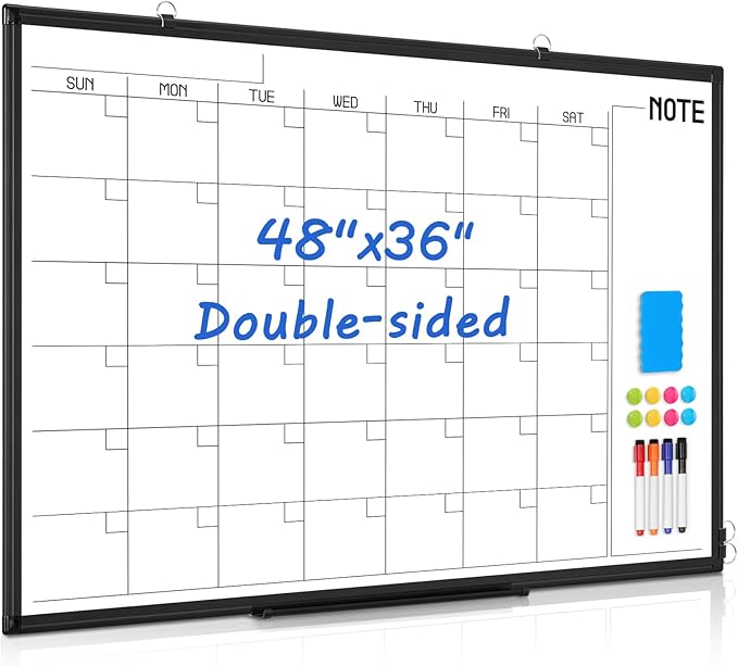 WALGLASS Dry Erase Calendar Whiteboard, 48" x 36" Monthly Large Dry Erase Calendar for Wall, Double-Sided Hanging White Board with Black Aluminum Frame for Home, School, Office, Kitchen