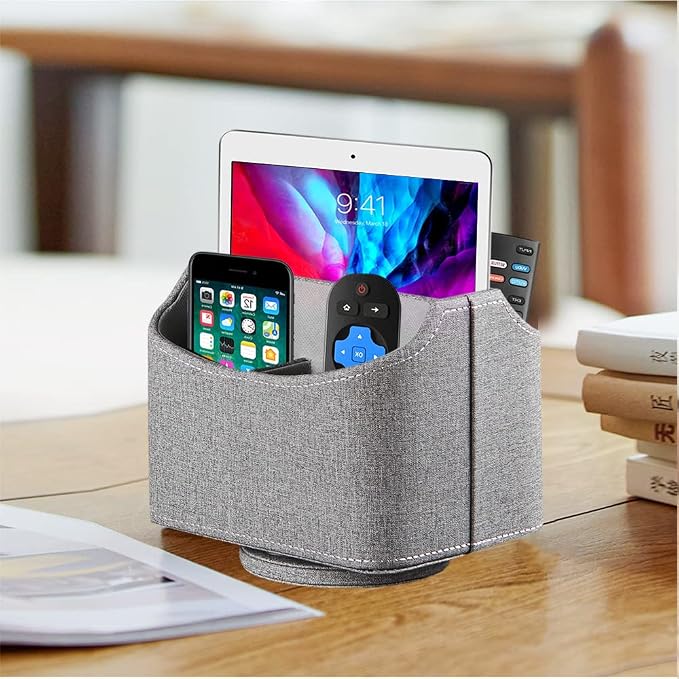 360° Rotating Remote Control Holder, PU Leather TV Remote Caddy Organizer Basket Storage Box with 5 Compartments for Pen, Pencil, Art Supplies, Makeup Brush, Office Desk Table Accessories