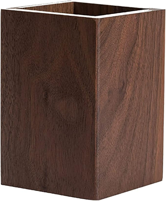Black Walnut Wooden Pencil Box, Multiple-Use Desk Writing Stationary Organizer Wood Pen Holder Cups Office School Supplies Storage (Square Shape)