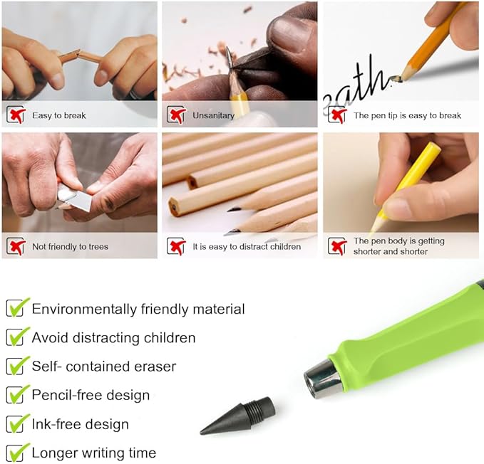 Ainiv Inkless Forever Pencil, 6 Sets with Eraser, Reusable with 6 Extra Nibs, Endless Pencil for Home Office School Supplies