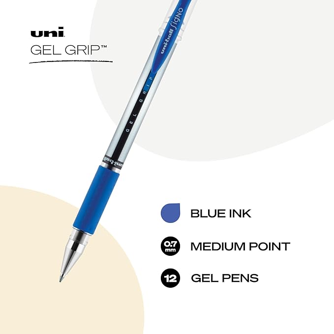 uniball Gel Grip Gel Pens, Medium Point (0.7mm), Blue, 12 Pack