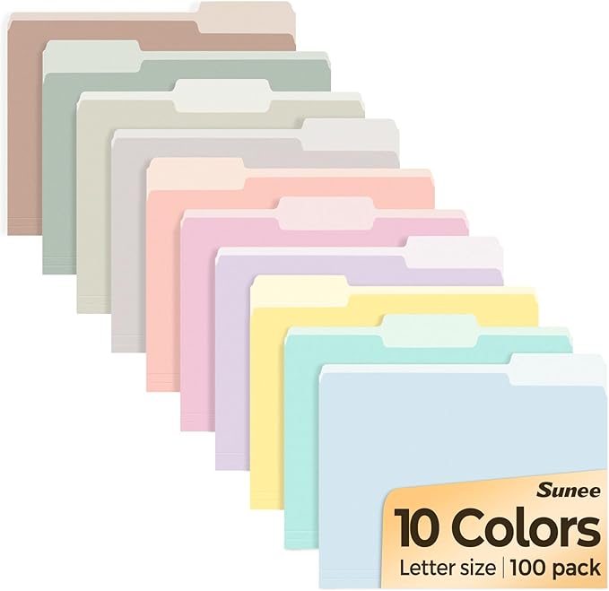 SUNEE File Folders, 100 Pack Manilla Folders 8.5 x 11, 10 Colors Folder Office Organization Home School Folders for Documents Files Paper