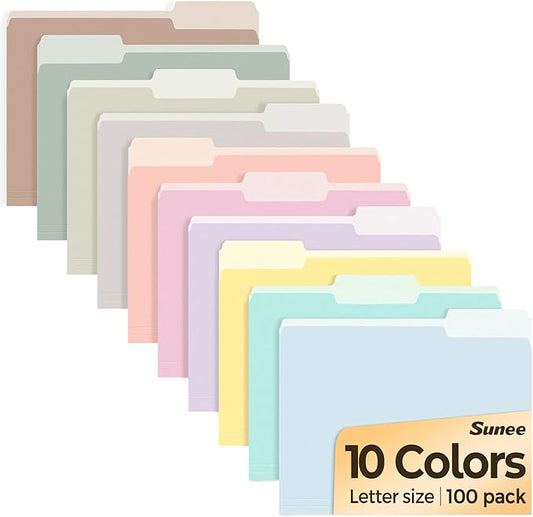 SUNEE File Folders, 100 Pack Manilla Folders 8.5 x 11, 10 Colors Folder Office Organization Home School Folders for Documents Files Paper