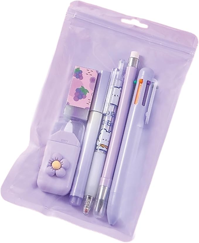 MOZXIRZ 6 Pcs Cute Purple Stationery Set for Women Back to School Supplies Office Supplies Including Gel Ink Pens 6-in-1 Ballpoint Pens Pencil Eraser (Purple)