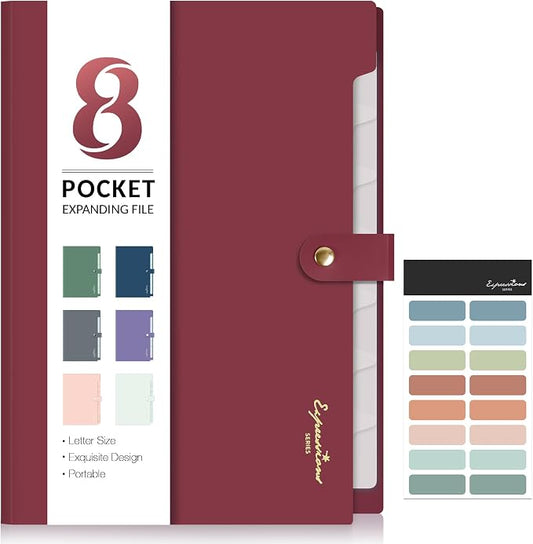 Sooez Elegant Accordion File Organizer with Labels, 8 Pocket Expanding File Folder, Portable Folders for Documents, Cute Paper Organizer for School Office Supplies, Letter Size, Burgundy