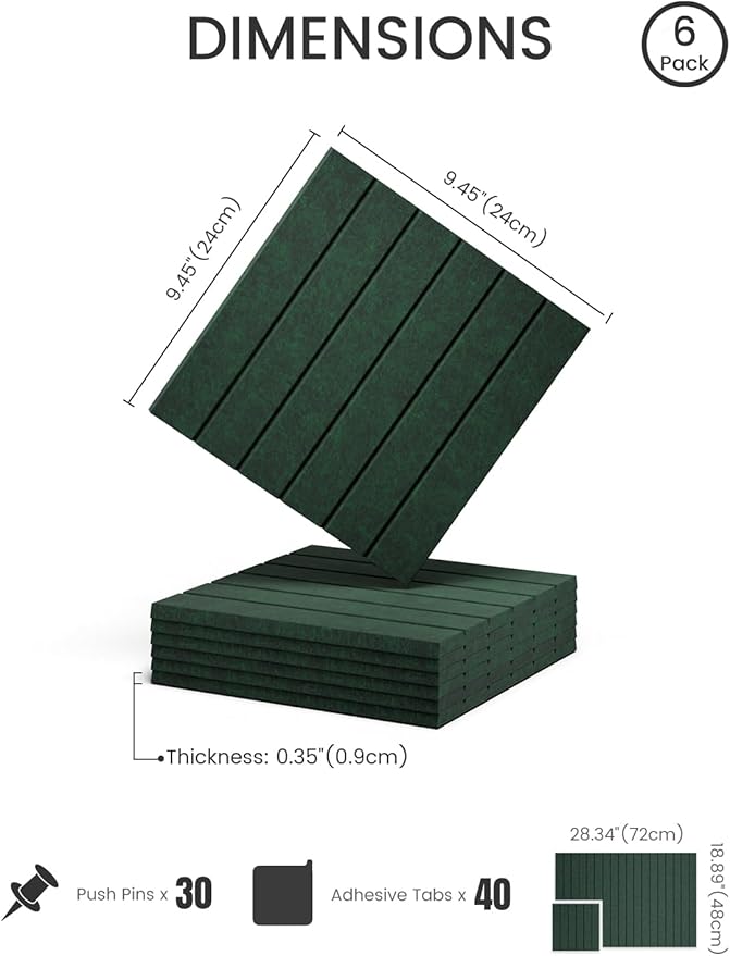 Fluxynara Felt Bulletin Board Tiles -28"x18" with 40 Adhesive Tabs, Cork Board Alternative for Office Decor, Push Pin Board Wall Organizer 6-Pack (Pine Green)