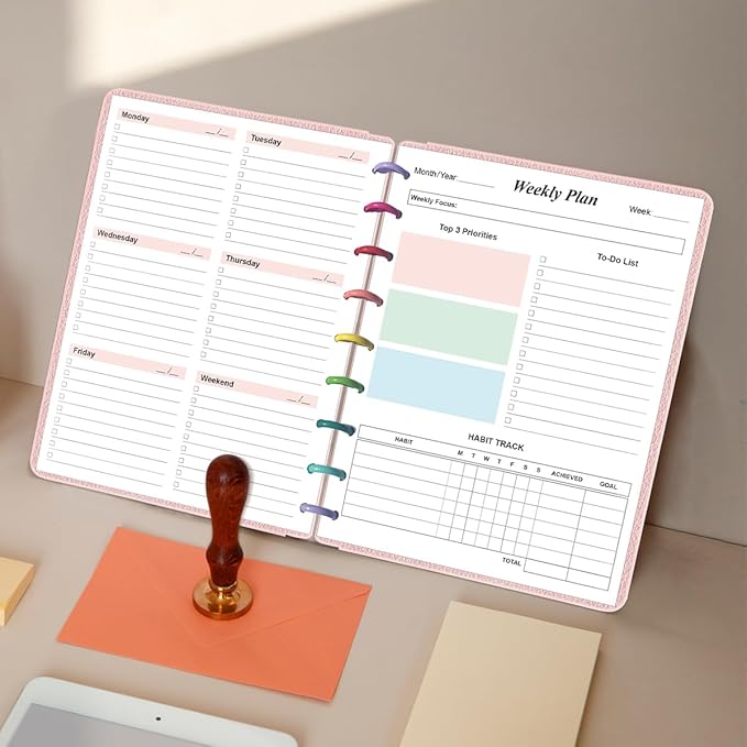 9 Disc Weekly Planner Undated Refills - Classic Size 53 Sheets/106 Pages Colorful Weekly Planner for Happy Planners Insert, 100 gsm White Paper, Lasts 1 Year, Undated, 7" x 9.25"
