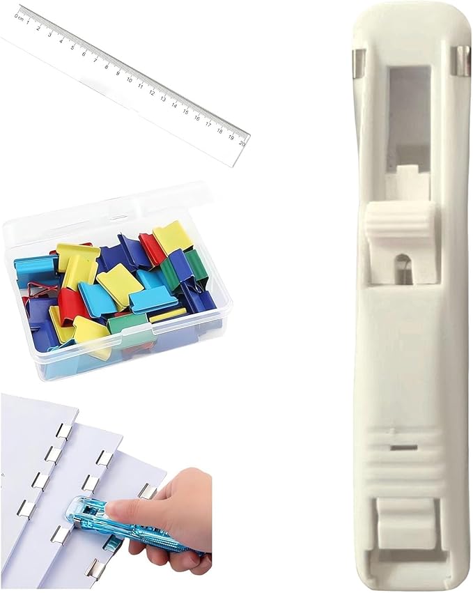 Portable Binder Clip Stapler, Includes 50 Reusable Clips, Push Clip Stapler, Small Binding Office Supplies Handheld Staplers Staples Set, Binder Clips Paper Clamps (I)