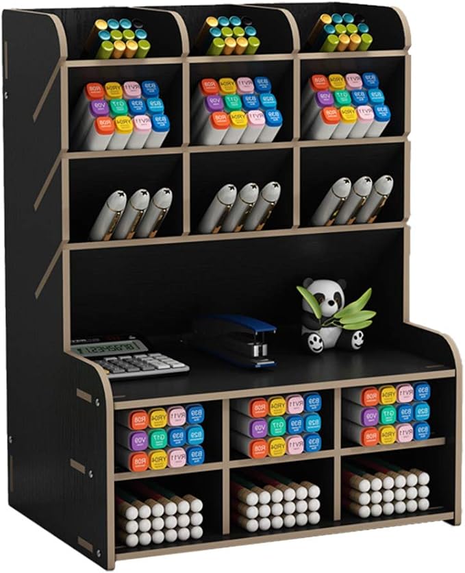 Hggzeg Wooden Desk Organizer, Large Capacity DIY Pen Holder Storage Box Desktop Stationary Storage Rack, Pen Organizer Caddies for Office, Home and School Supplies (B15-Black)