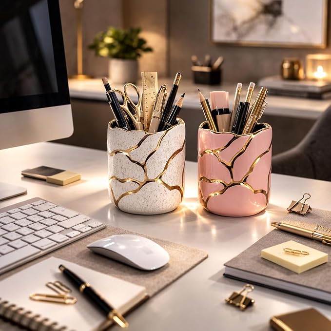 Cylindrical Desk Organizer for Desktop Organization - Ceramic Office Storage Organizer for Workspace Decor - Boho Stoneware Design Small Office Accessories for Home Decor - Set of 2, 5", Ivory & Pink