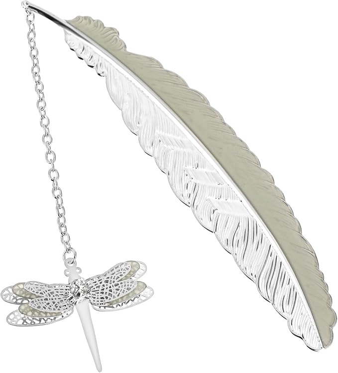 Jeffdad Feather Metal Bookmark with 3D Dragonfly Pendant, Glow in The Dark Butterfly, Fantasy Gifts for Women Girls, Cool Bookmarks for Book Lovers (Silver Dragonfly)