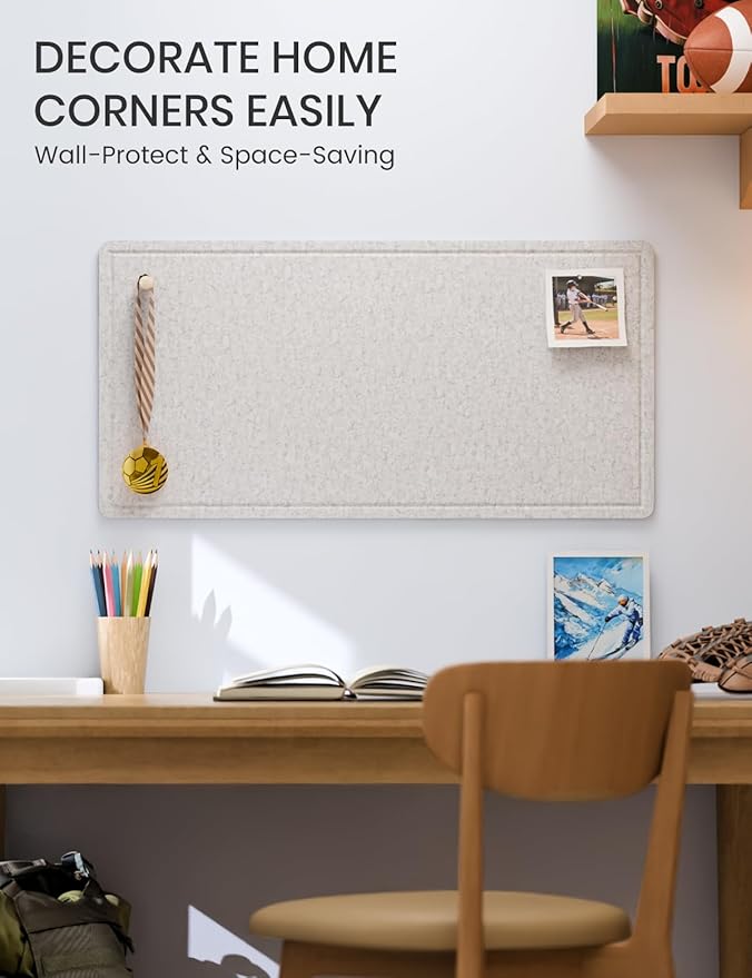 Fluxynara Bulletin Board, 35" x 17.5" Cork Board Alternative with 12 Safe Removable Adhesive Tabs, Foldable Felt Pin Board for Home Office, Classroom, Bedroom,Entryway for Walls— Light Gray