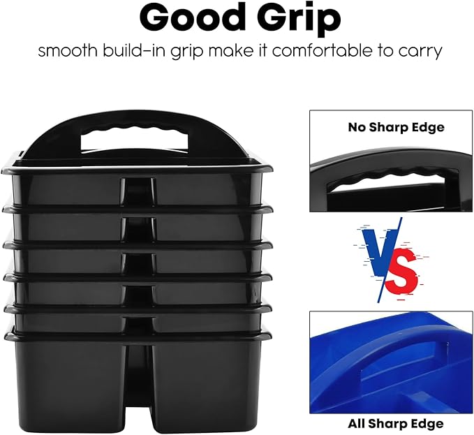 ALINK Plastic Classroom Caddy Organizer with Handle, 6-Pack 3 Compartments, Teacher Supply Storage Caddy for Classroom Organization, Table, Desk, Office, Craft Art for Kids - Black