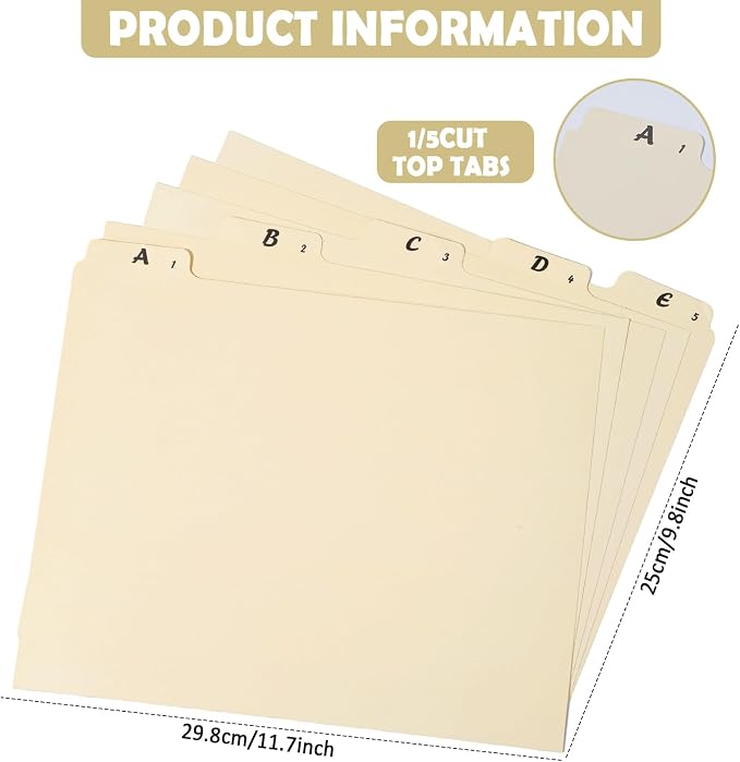 1 Set 25 Alphabet File Dividers A-Z Top Tab File Guides Letter Size 1/5 Cut Tab Manila Alphabetical File Organizer File Cabinet Dividers for Work Office Home School and Desk Organizer (Beige)