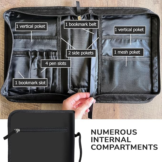 DEHITE Bible Cover for Men — Bible Cover Cases for Men – Black Medium Size – Bag Fits Book 9.6 x 6.6 x 1.77 in – Pen Slots – Zippered Pocket – Premium Fabric – Christian Gift Accessories