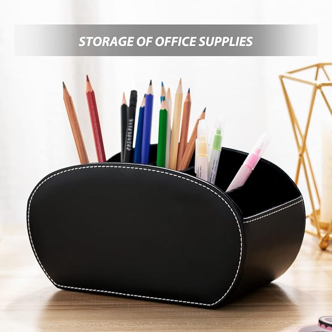 BONNY DODO PU Leather Multi-Functional Office Organizar Box Remote Control Holder Desk Storage Suppliers Caddy Table with 5 Compartment Store TV Remote, Brush, Pencil, Glasses, Media Player (Black)