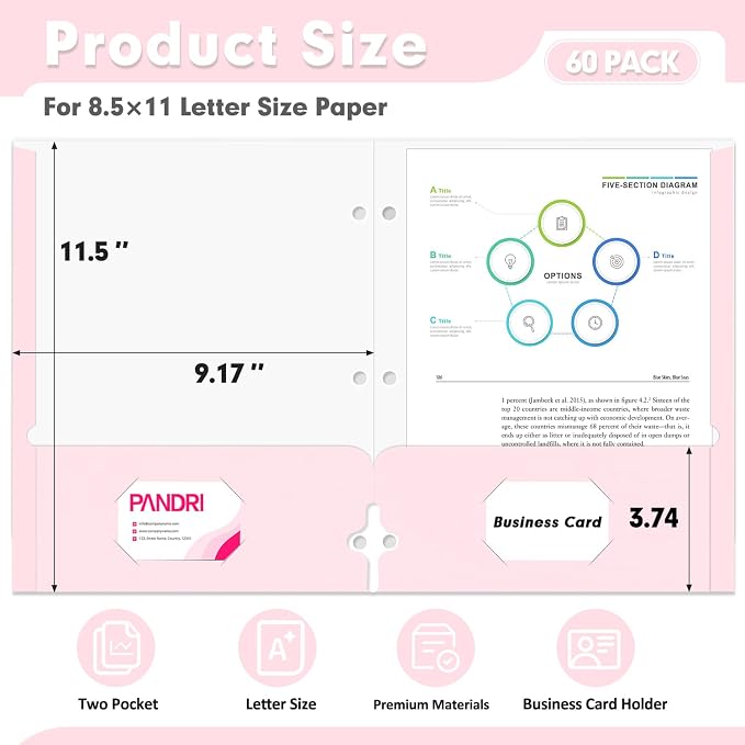 Two Pocket Portfolio Folders, PANDRI 60 Pack 3 Hole Punched 2 Pocket Folders for 3 Ring Binder, Letter Size Paper File Folder for School Office Home Business, Pink