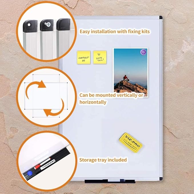 VIZ-PRO Dry Erase Board/Magnetic White Board, 48 X 32 Inches, Silver Aluminium Frame, with 12-Count Markers