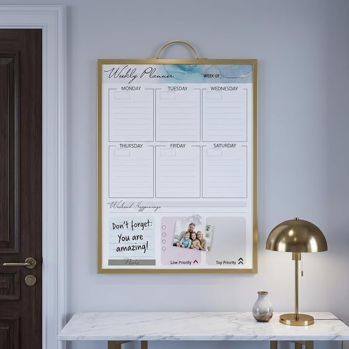Gold Magnetic Dry Erase Whiteboard 12 x 16 Double Sided, Portable Planner Board with Weekly Monthly Sheets, Write and Wipe to Do List Board, Includes 3 Markers Eraser 2 Magnets