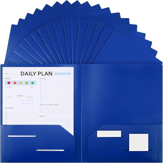 Fulmoon 48 Pack Plastic Folders with 2 Pockets Bulk 11 x 9 Inch Heavy Duty File Pocket Folders and 4 Card Slots Fit Letter Size Paper Cards for Back to School Office Home Supply(Blue)