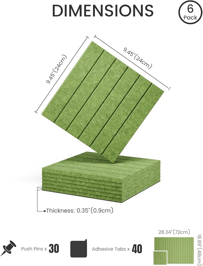 Fluxynara Felt Bulletin Board Tiles -28"x18" with 40 Adhesive Tabs, Cork Board Alternative for Office Decor, Push Pin Board Wall Organizer 6-Pack(Grass Green)