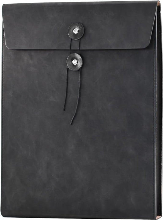 VANRA Vertical PU Leather Envelope File Folders Expanding Document Holder Organizer Pocket Folder Portfolio for A4 Letter Size Paper with String Tie Closure (Black)