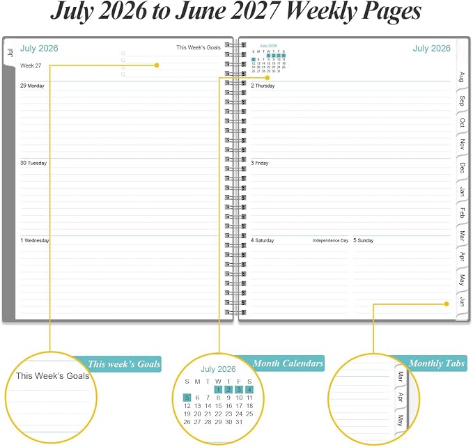 2026-2027 Planner - Planner 2026-2027 from July 2026 - June 2027 with 12 Monthly Tabs, Flexible Cover, Inner Pocket, 8.5" x 11", Grey-C