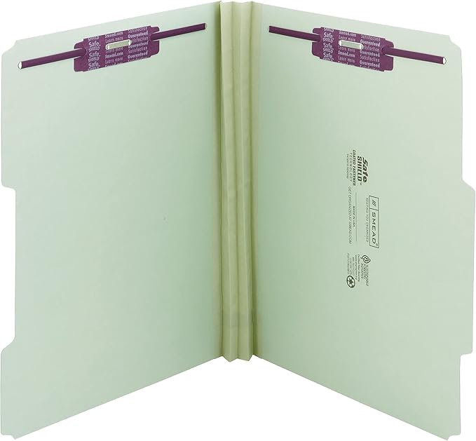 Smead Pressboard Fastener File Folder with SafeSHIELD Fasteners, 2 Fasteners, 2/5-Cut Tab Right of Center Position, 2" Expansion, Guide Height, Letter Size, Gray/Green, 25 per Box (14982)