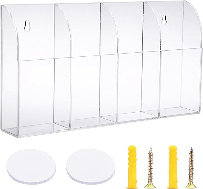 Hipiwe Wall Mount Remote Control Holder Clear Acrylic Media Organizer Remote Control Caddy Wall Pencil Holder Storage Box for Remote Control, Pens, Makeup, Key (4 Compartments)