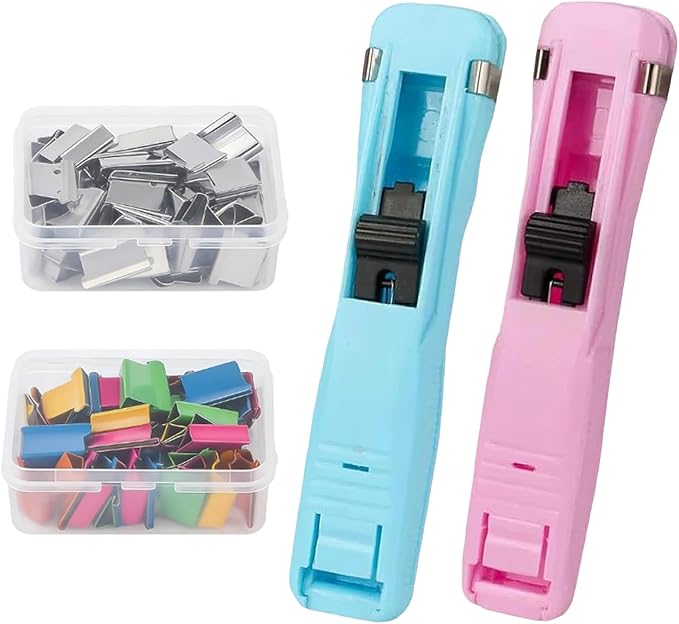 Portable Binder Clip Stapler - Includes 100 Reusable Clips, Compact No-Hole Binding Refillable Handheld Design, Portable Binder Clip Stapler for Office School Home Document Organization (2Pcs-d)