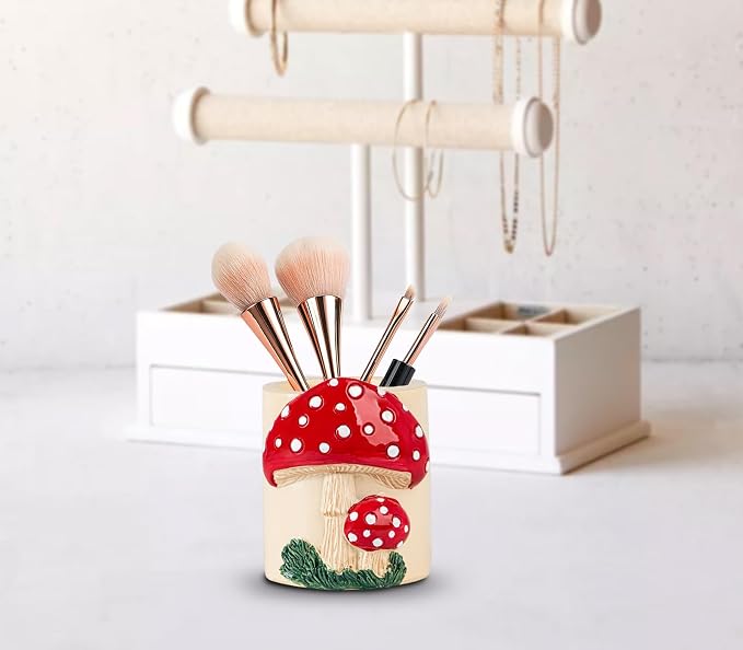 dgudgu Mushroom Resin Pencil Holder & Pen Organizer - Cute Desk Pencil Holders With Multiple Compartments
