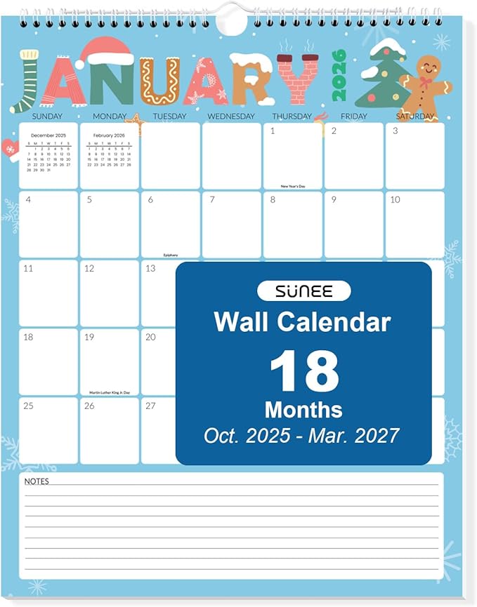 SUNEE Wall Calendar 2025-2026- 18 Months Oct. 2025 - Mar. 2027, 11.5"x14.5" Vertical Grid Hanging Calendar with Note for Organizing & Planning, 2026 Monthly Calendar with Last Month and Next Month, Cute