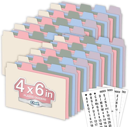 Chell 4x6 Plastic Index Card Dividers, Morandi Colors, Heavyweight Poly Index Card Guides A-Z, with Alphabetical/Blank Stickers, Pack of 50