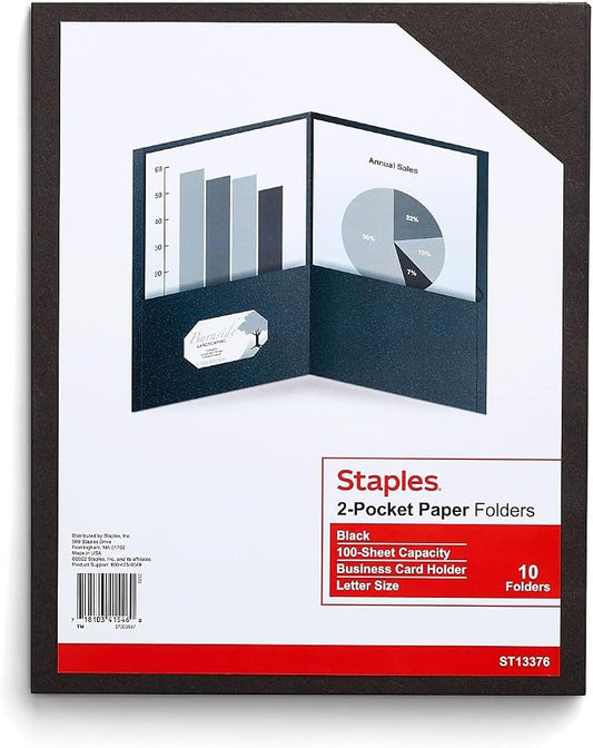 Staples 10% Recycled Smooth 2-Pocket Paper Presentation Folders, Letter Size File Folders for School & Office, Black, 10-Pack