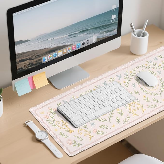 Romantic Garden Gaming Mouse Pad Large Desk Mat Soft Pink Rose Vintage Butterfly Mousepad for Keyboard and Mouse Extra Large Full Desk Computer Pads 31.5 x 11.8 Mouse Pads for Desk Home Office Gaming