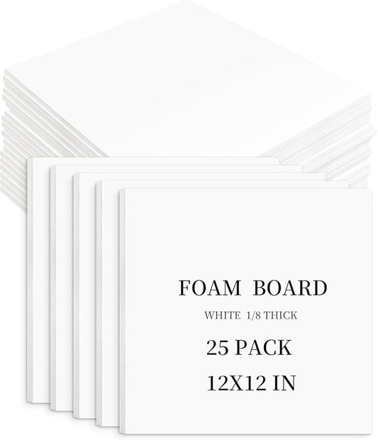Golden State Art, White Foam Boards 25 Pack 12x12 Foam Core Board, 1/8" Thick Acid Free Foam Poster Board for Modeling, Billboard, Projects, Paintings and Display