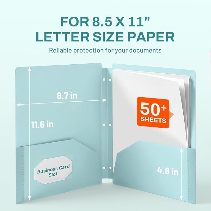 SUNEE 3 Hole Pocket Folders (1 Pack, Light Blue), Plastic Pocket Folders for 3 Ring Binder, 3-Hole Punched Folder with Pockets, for Kids, Students, Teachers, Office Staff