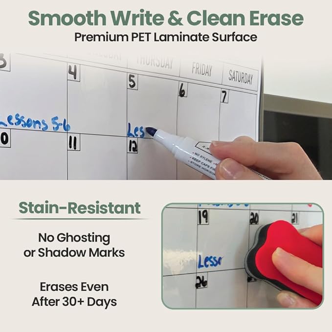 Magnetic Fridge Calendar 15” x 12” – Dry Erase Fridge Calendar with Full-Back Magnet, Monthly Refrigerator Planner Board with Magnetic Pen Holder, 6 Markers & Eraser, Reusable Kitchen Organizer