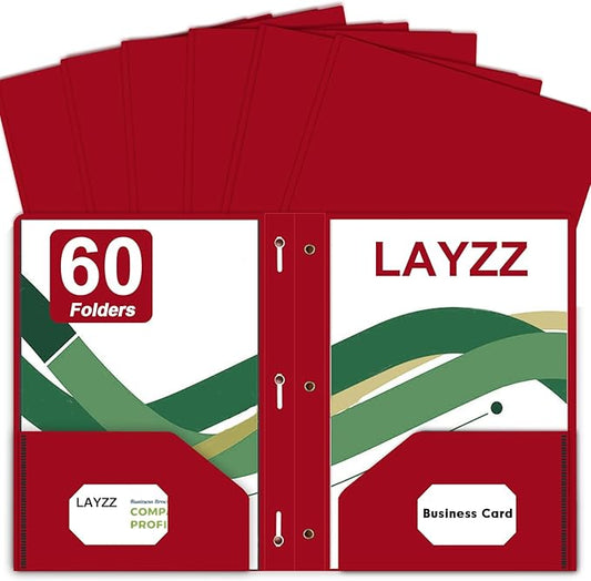 Two Pocket Folders with Prongs, LAYZZ 60 Pack Poly Plastic Folders, Heavy Duty Plastic Folders with Pockets and Prongs, Letter Size, for Offices and Schools (Red)