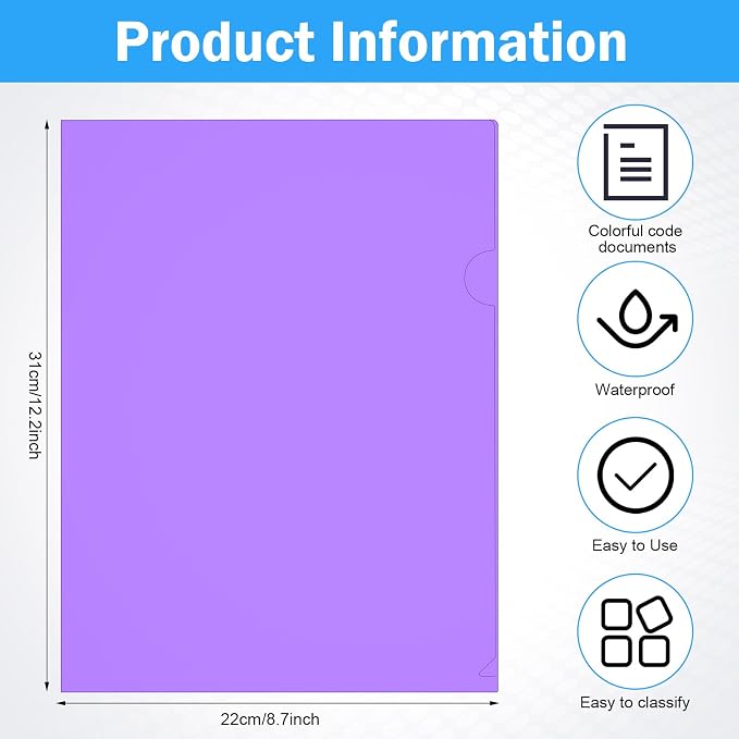 Fainne 100 Pcs Plastic Document Folders Clear File Folders Plastic Pockets Sleeves Letter Size 8.7 x 12.2 Inches A4 Assorted Colors for Office Supplies (Bright Color)