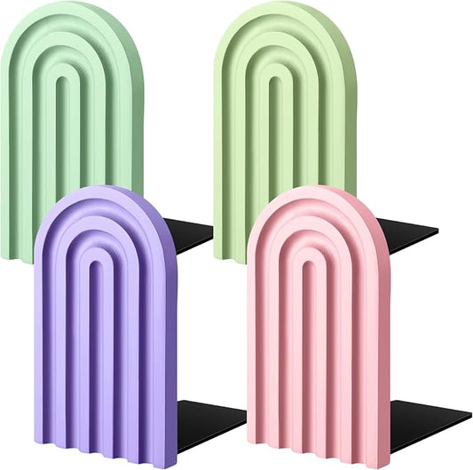 Harloon 4 Pcs Boho Arch Wooden Bookends, Decorative Rainbow Book Stoppers with Non-Slip Metal Base, 5x3x4 Inches, Cute Shelf Decor for Heavy Books, Home Office Study Desk Organizer(Pastel Color)