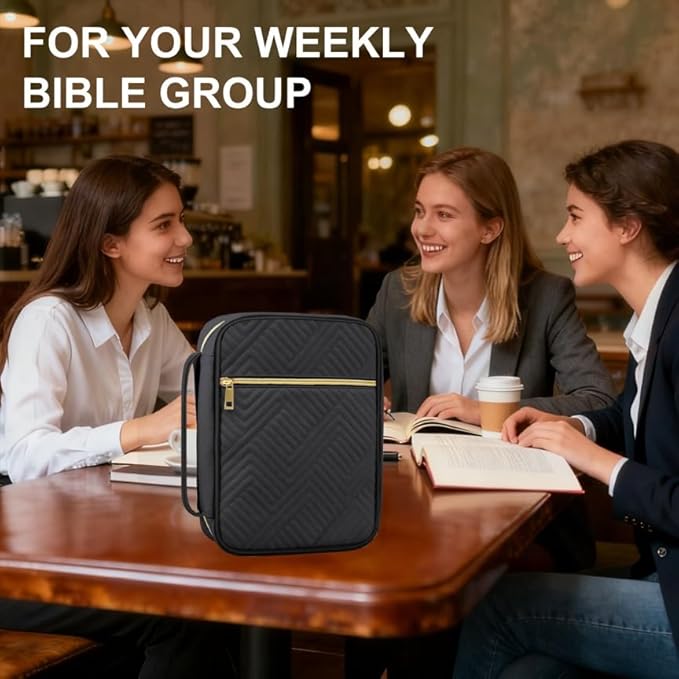 Bible Cover Case for Women, Quilted Large Handle Vegan Leather Bible Bags with Bible Study Supplies Accessories Church,Classroom,Campus,Neighborhood Association (Single Black,M/L)