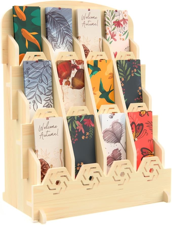 HOTCAN Bookmark Holder Display Stand for Vendors | Wooden Bookmark Booth Display Items with 12 Shelf Pockets | Customizable Space and Mobile Friendly Design Ideal for Craft Fairs, Vendor Booths, Shops