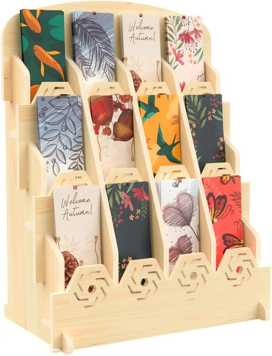 HOTCAN Bookmark Holder Display Stand for Vendors | Wooden Bookmark Booth Display Items with 12 Shelf Pockets | Customizable Space and Mobile Friendly Design Ideal for Craft Fairs, Vendor Booths, Shops