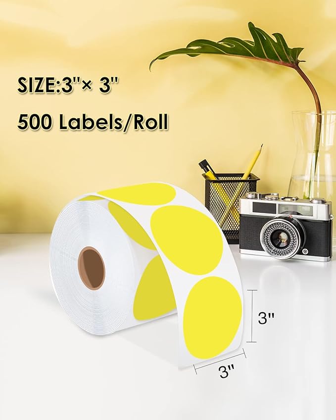 iEager 3 Inch Circle Thermal Sticker Labels, Self-Adhesive Round Direct Thermal Label, Multi-Purpose Roll Thermal Stickers, 500 Labels, Yellow