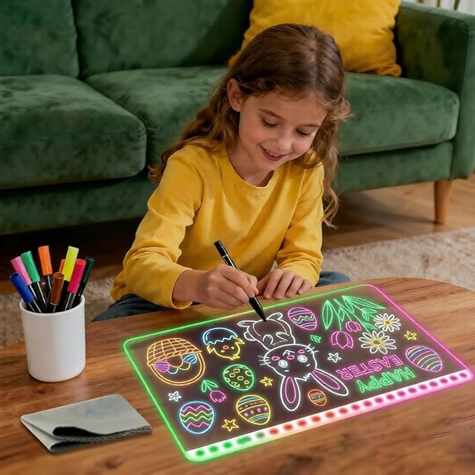 JACZZO Led Drawing Board for Kids, 13.7"X10" Led Note Board with 7 Colors & 3 Modes,12 Markers& Wireless Remote, Acrylic Writing Message Board, Easter Gifts for Kids