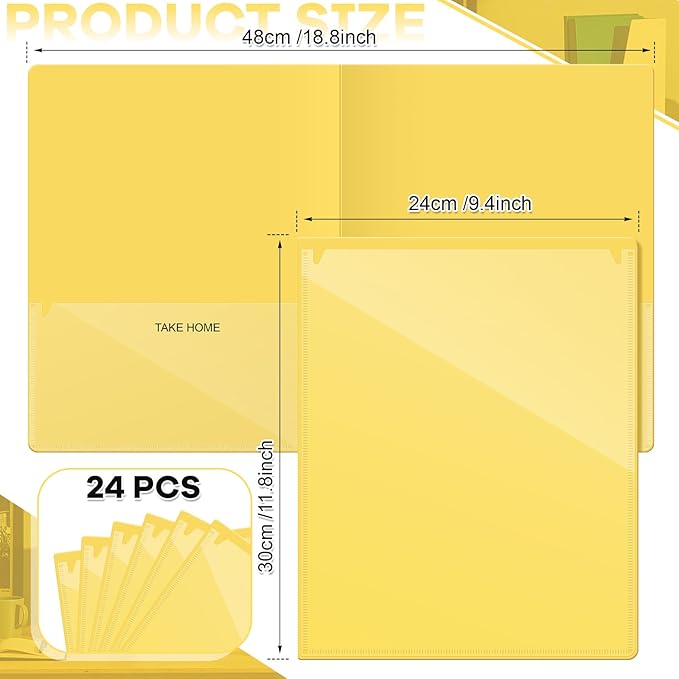 Henoyso 24 Pcs Folders with Pocket School to Home Folder Heavy Duty 2 Pocket Homework Folders with Clear Front Pockets for School Students Parent Teacher Communication (Yellow)