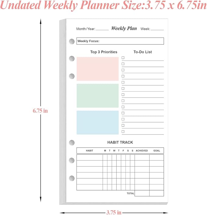 A6 Weekly Planner Refills for Filofax Personal Binders, 53 Sheets/106 Pages Undated Colorful Weekly Planner, 6-Hole Punched, 100 gsm White Paper, Last 1 Year, 3.75" x 6.75"